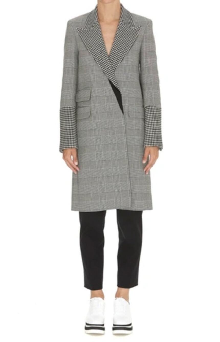 STELLA MCCARTNEY Prince of Wales Overcoat 36 US 0 Black White Wool Houndstooth